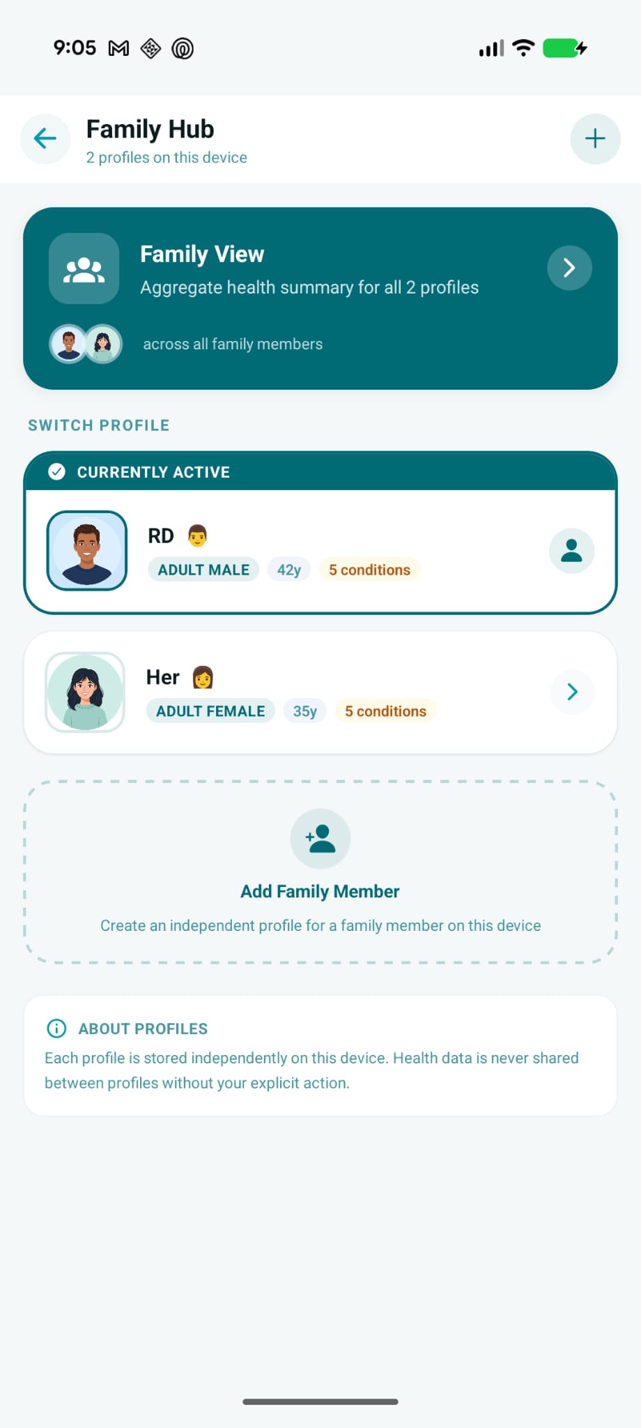 Family Hub showing multiple family member profiles with health summaries