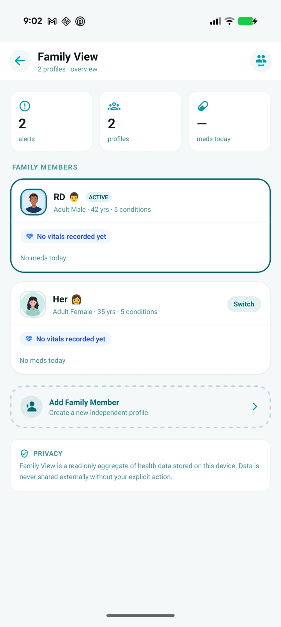 CareLync family view showing health summaries