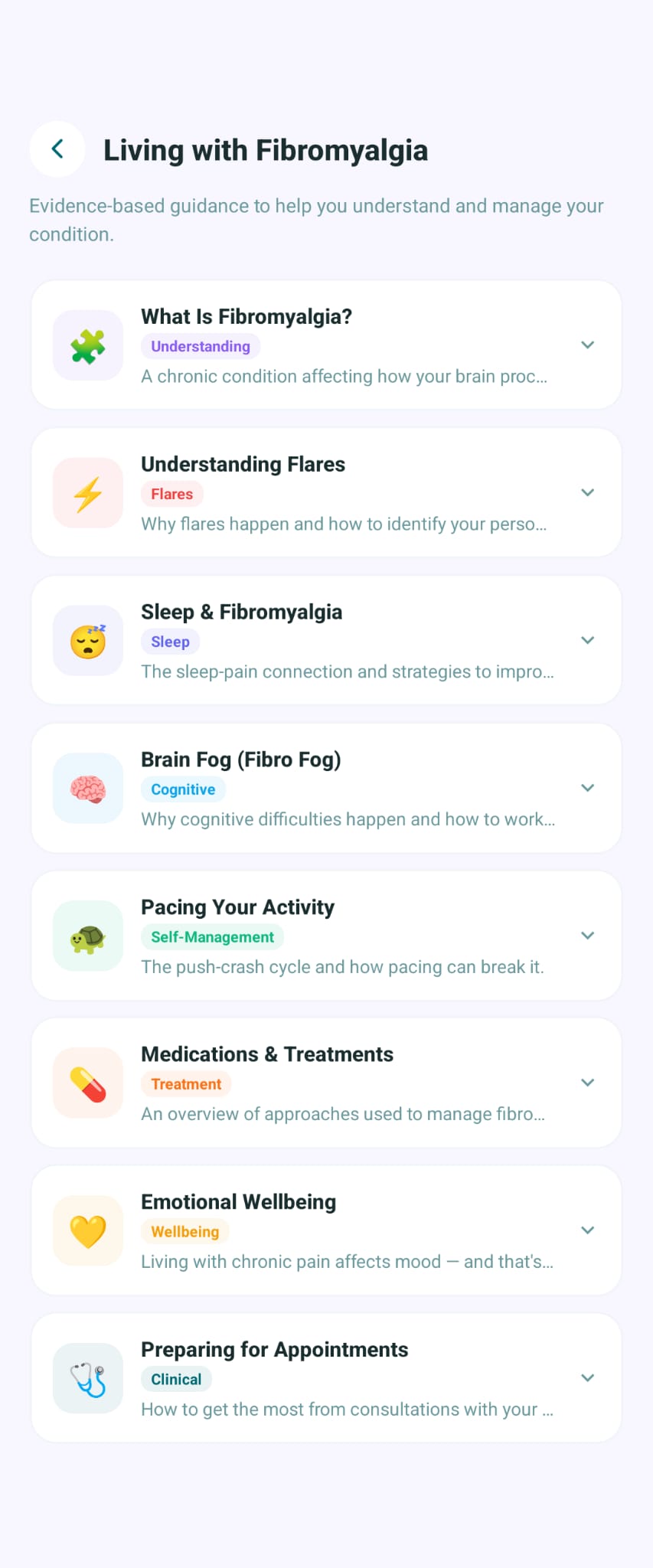 CareLync Living with Fibromyalgia education library showing topics including flares, sleep, brain fog and pacing