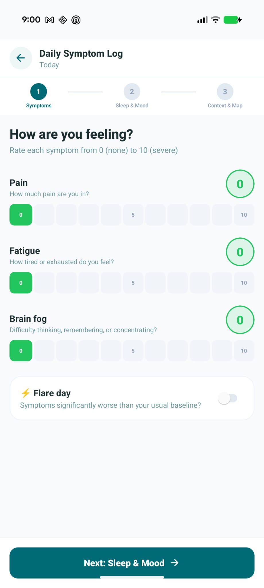 CareLync daily fibromyalgia symptom log showing pain, fatigue and brain fog sliders