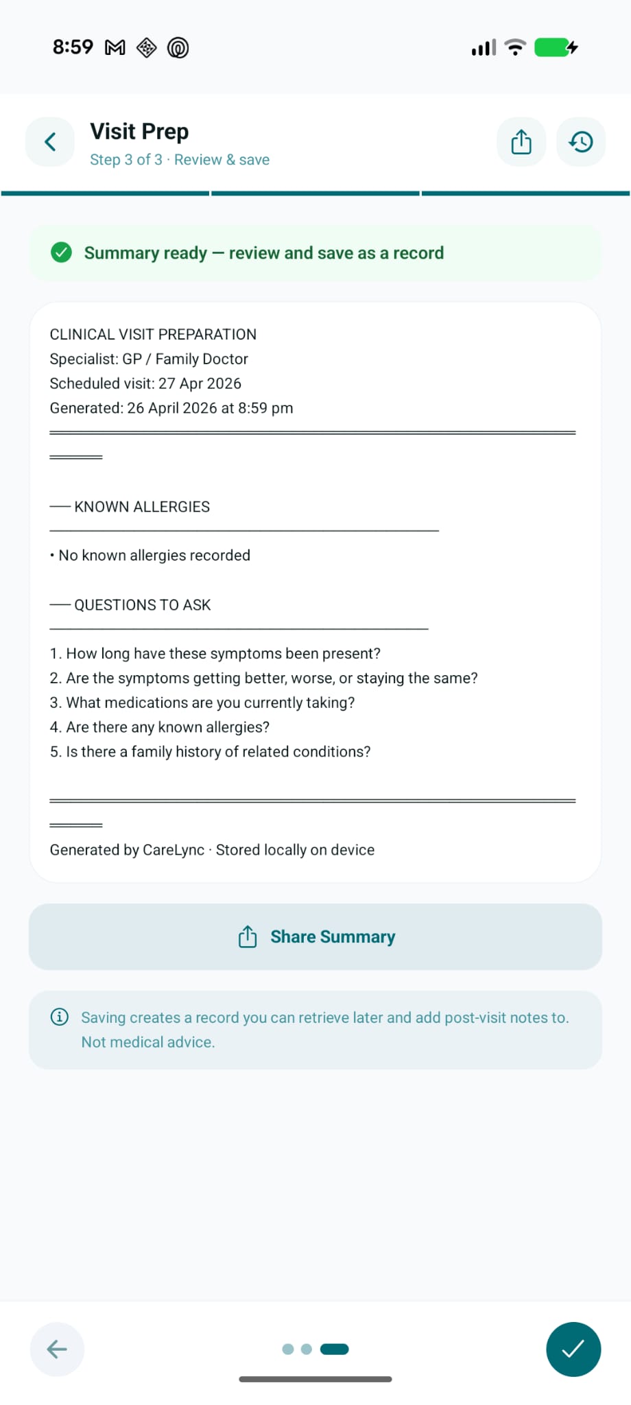Visit Prep screen showing a clinical summary ready to share with a doctor